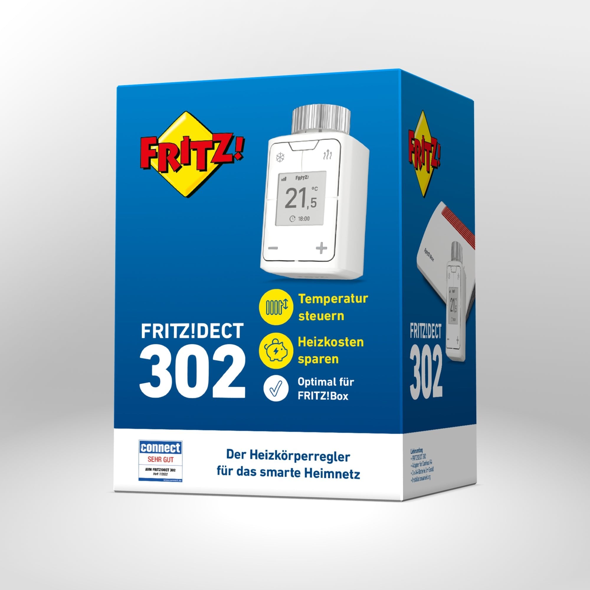 Verpackung von FRITZ!DECT 302 auf grauem Hintergrund