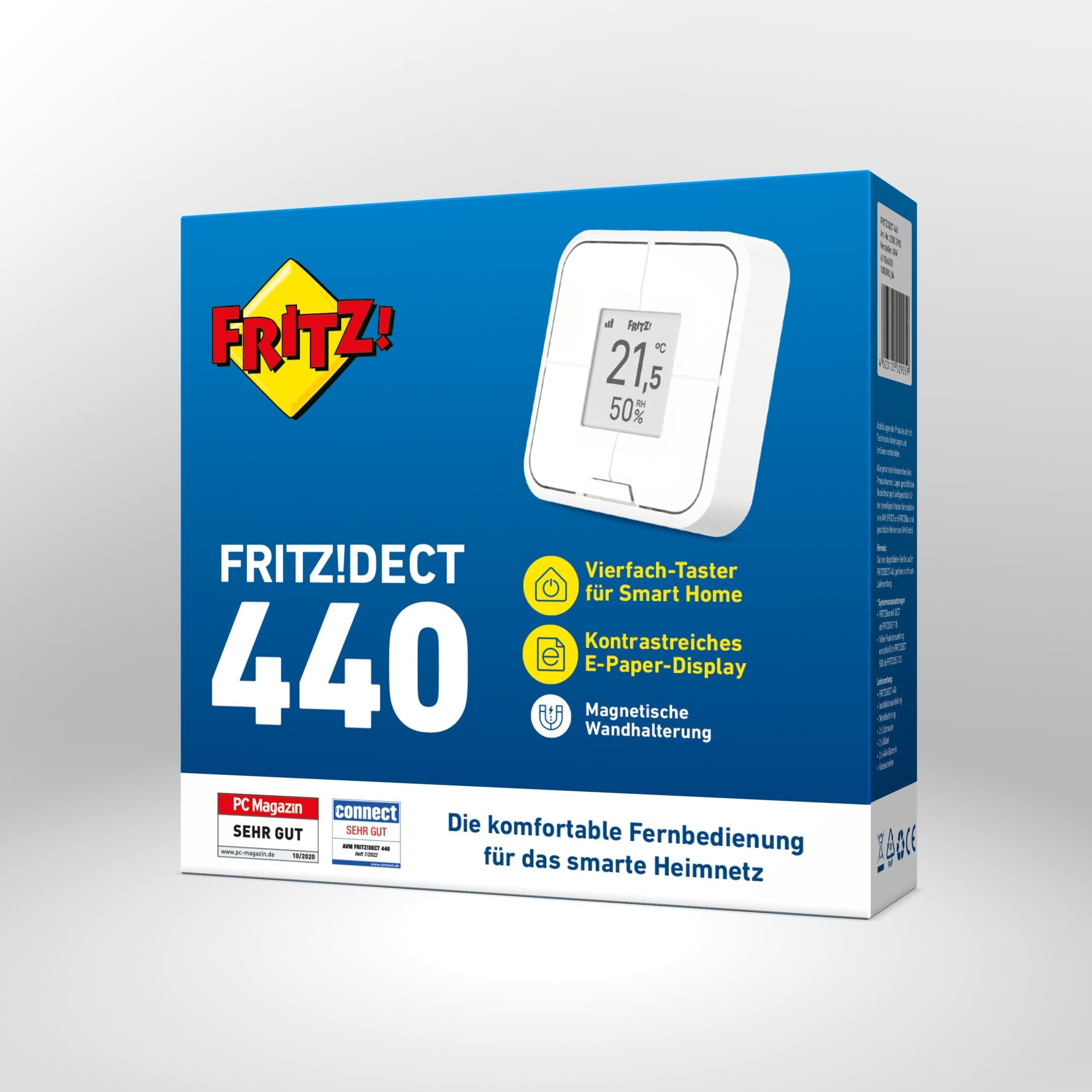 Verpackung von FRITZ!DECT 440 auf grauem Hintergrund.