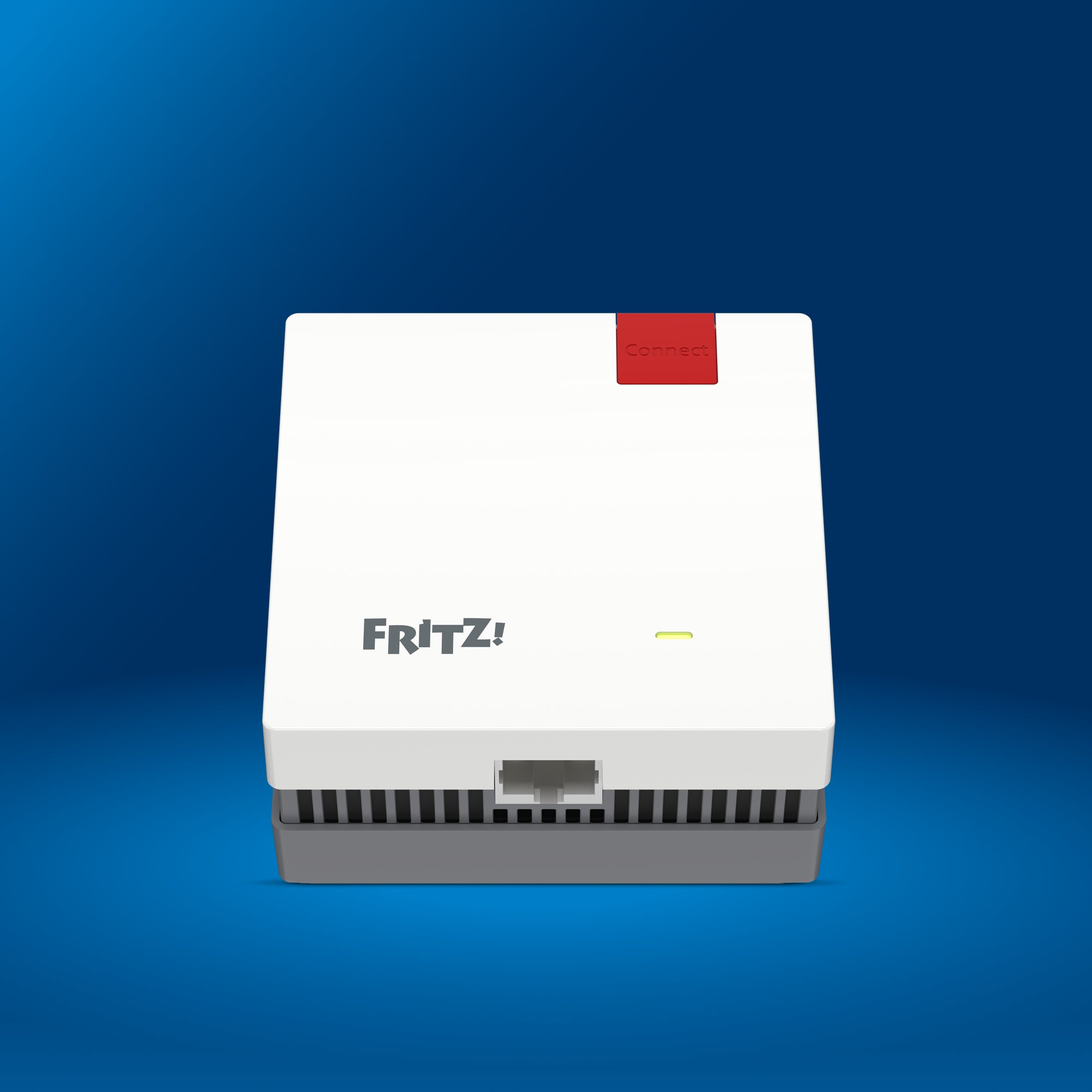FRITZ!Repeater 1700, kompakter Wi-Fi 7 Repeater, auf blauem Hintergrund