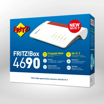 Verpackung von FRITZ!Box 4690 auf grauem Hintergrund