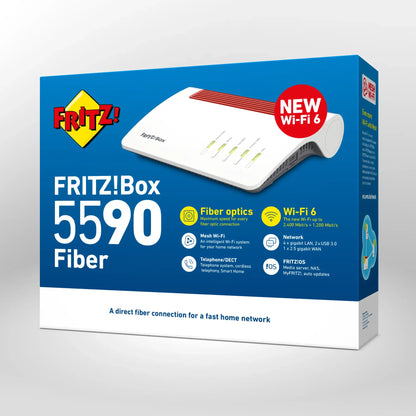 Verpackung von FRITZ!Box 5590 Fiber auf grauem Hintergrund