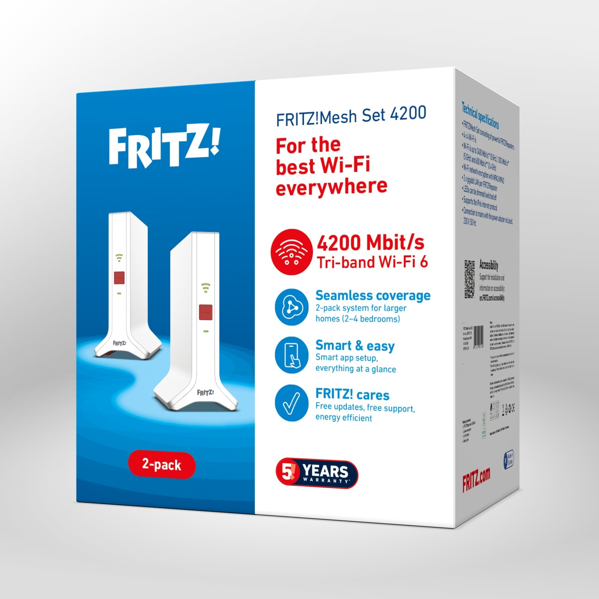 Verpackung von FRITZ!Mesh Set 4200 auf grauem Hintergrund