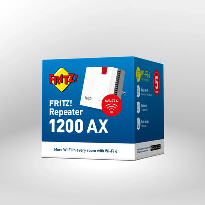Verpackung von FRITZ!Repeater 1200 AX auf grauem Hintergrund