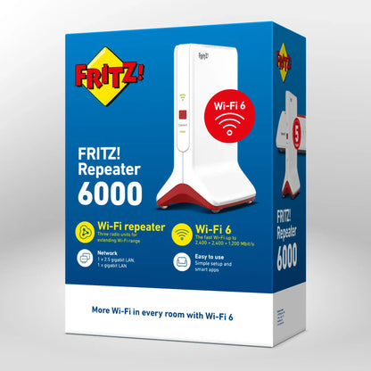 Verpackung von FRITZ!Repeater 6000 auf grauem Hintergrund
