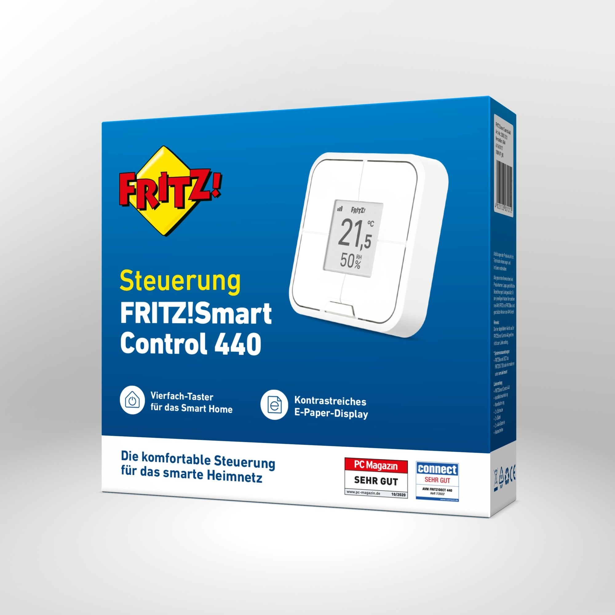 Verpackung von FRITZ!Smart Control 440 auf grauem Hintergrund