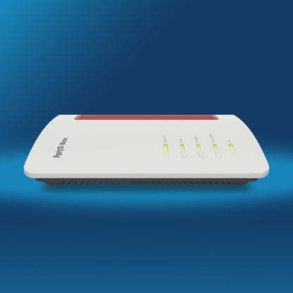 FRITZ!Box 7690 Highspeed-WLAN Router auf blauem Hintergrund mit LEDs für Statusanzeige.