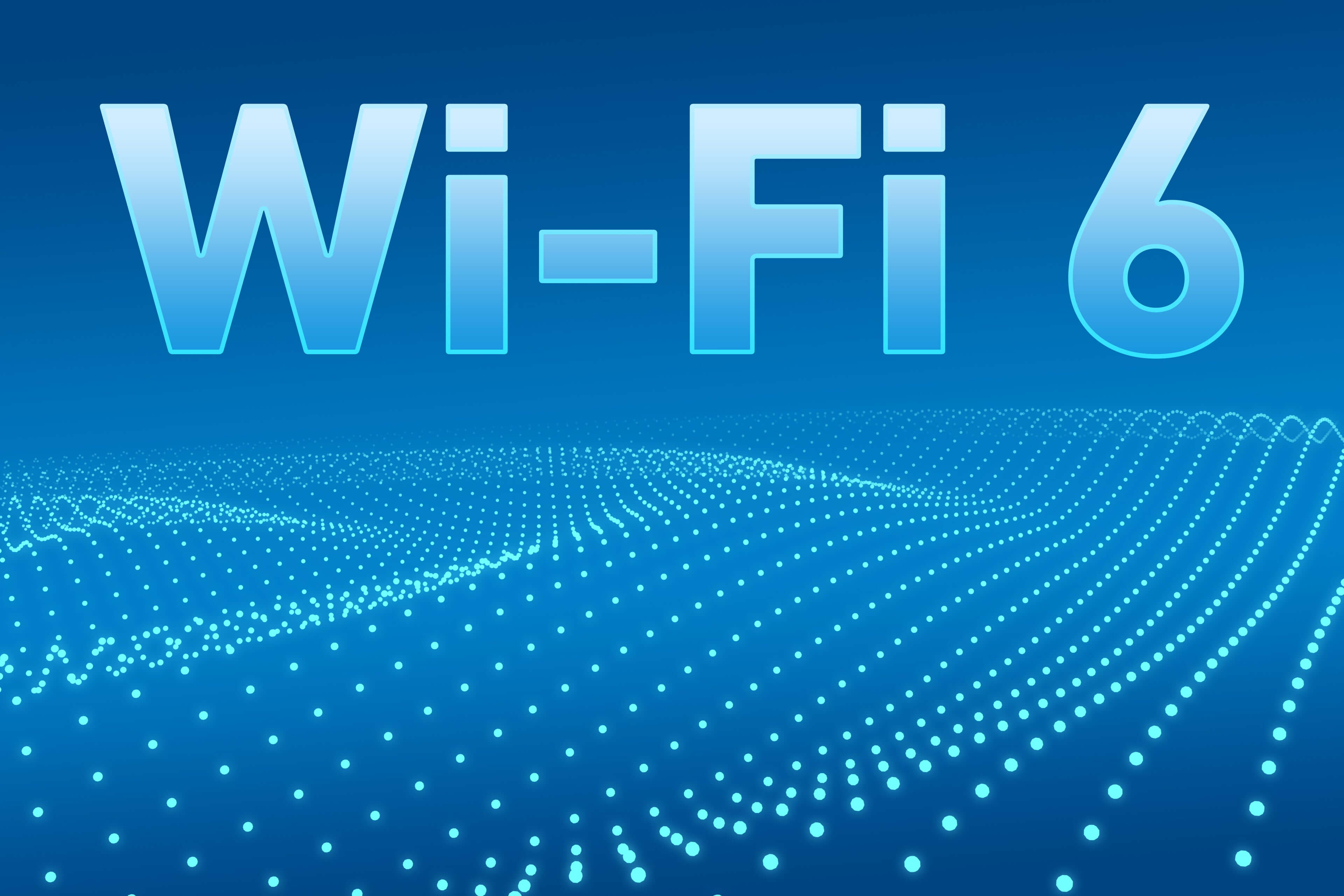 Grafik, die Wi-Fi 6 mit blauen Wellen und Punkten darstellt, für moderne Netzwerktechnologie.